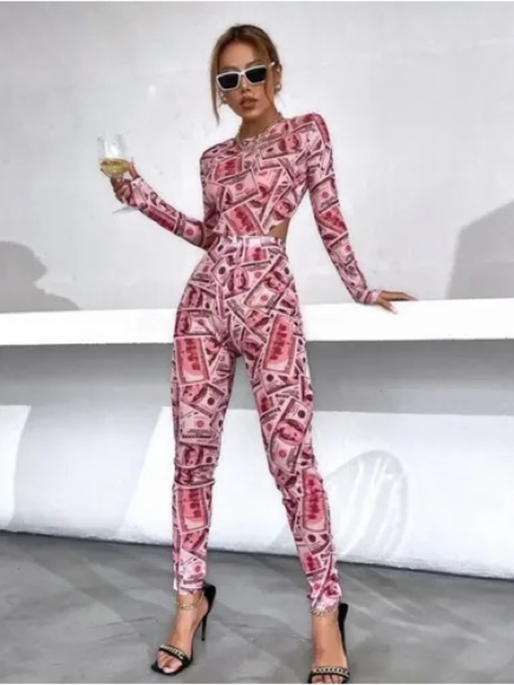 Fashion Nova Pink Money-Print Long Sleeve Cutout Jumpsuit (never worn)
